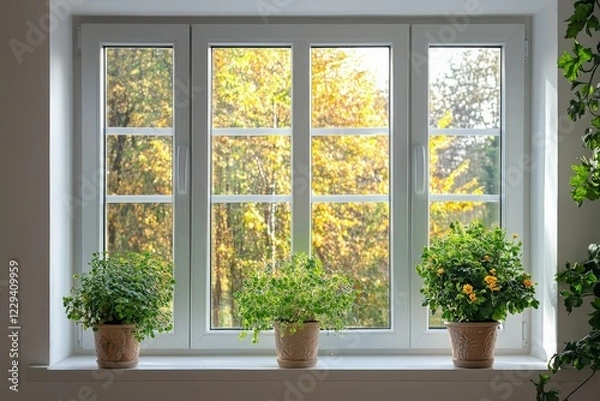 Fototapeta Sunlight filters through a large window, illuminating potted herbs on a sill in a bright room during autumn