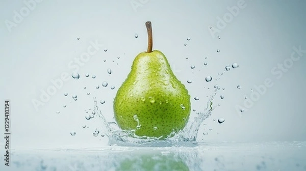 Fototapeta Green Pear with Water Droplets Splashing in Still Life Composition