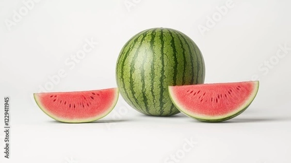 Fototapeta Fresh Whole Watermelon with Slices on White Background