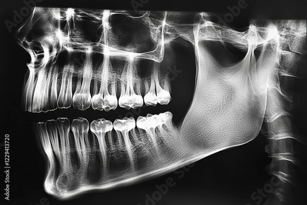 Fototapeta Detailed dental X-ray showing the complete jaw and teeth with visible roots taken in a clinical setting during a routine examination