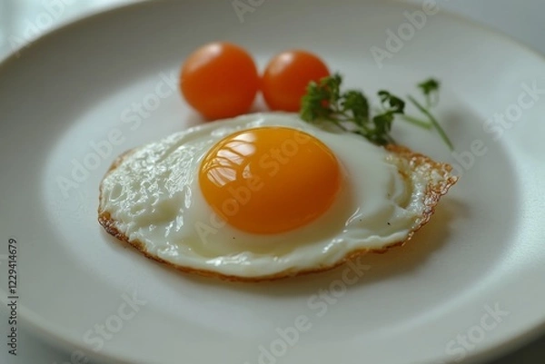 Fototapeta Delicious fried egg on a plate with cherry tomatoes and fresh herbs for a healthy meal