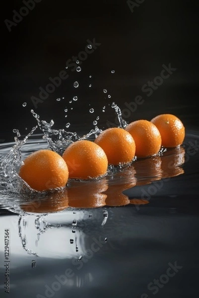 Fototapeta Fresh Oranges Splashing into Water Under Dramatic Lighting with Reflective Surface, Vibrant and Refreshing Citrus Fruit Concept, 