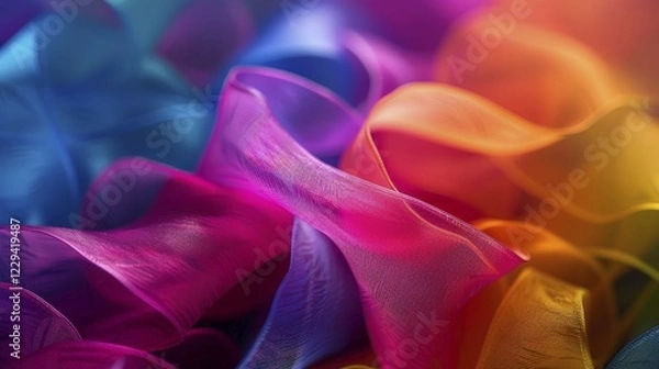 Fototapeta Close-up of vibrant and colorful ribbons with shades of pink, blue, orange, and yellow, AI generated