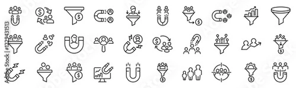 Fototapeta Set of 30 outline icons related to lead generation.  Linear icon collection. Editable stroke. Vector illustration	