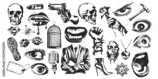 Fototapeta True crime retro elements with photocopy stipple effect for halftone collage art. Vector illustration of detective investigate board mystery elements. Footprint, suspect, evidence, pistole, hand, eyes