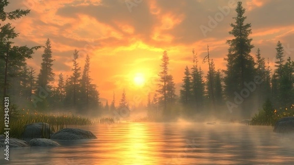 Fototapeta A serene lake at dawn, with mist rising off the water and the first light of day touching the trees.