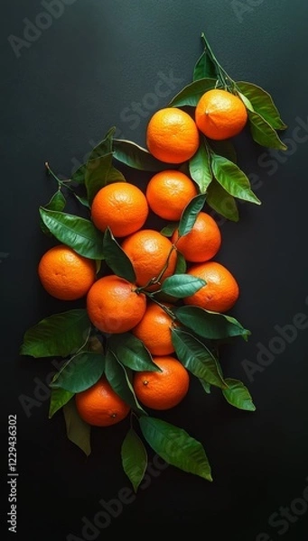 Fototapeta Several oranges with green leaves on the branches were placed together in an overhead view