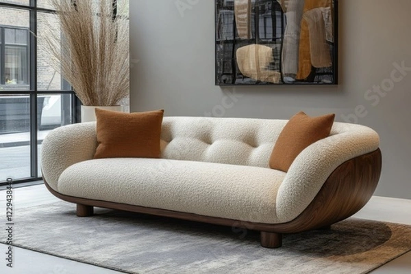 Fototapeta Elegant modern sofa with soft fabric and wooden base in a stylish interior setting