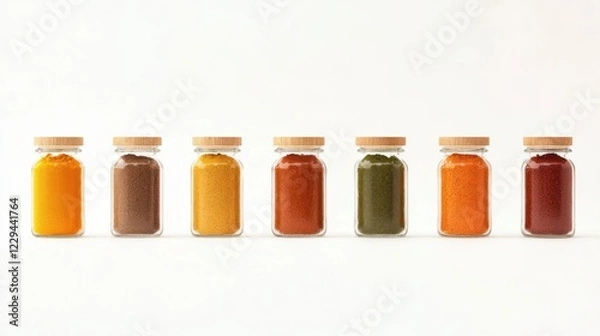 Fototapeta Colorful Display of Seasoning Blends in Glass Jars on White Background