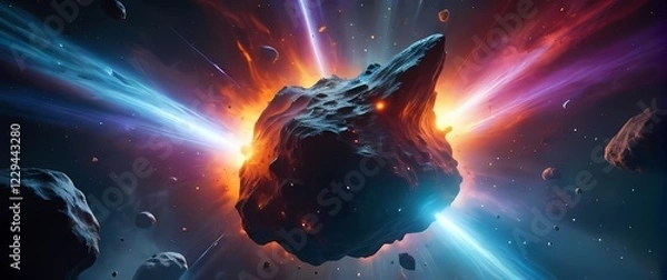 Obraz A vibrant cosmic battle between colorful asteroids and mythical creatures