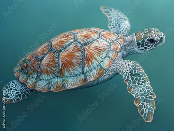 Fototapeta Vibrant Ocean Turtle Swimming Gracefully Through Clear Blue Waters Surrounded by Marine Life and Sunlight Filtering From Above