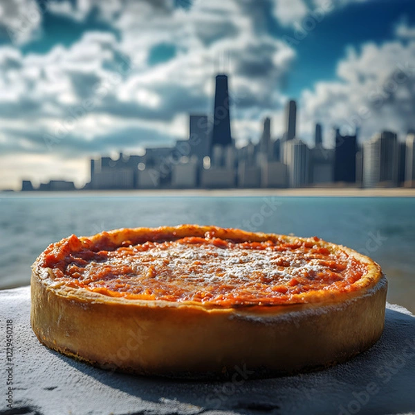 Fototapeta Chicago style deep dish pizza with the Chicago skyline in the background 