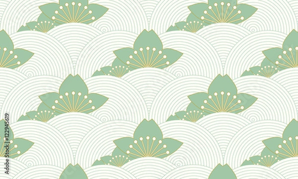 Obraz stylized lotus pond seamless pattern in ivory and green shades