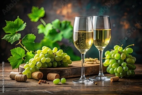 Fototapeta Panoramic Wine Glasses Grapes Cork - AI Photo