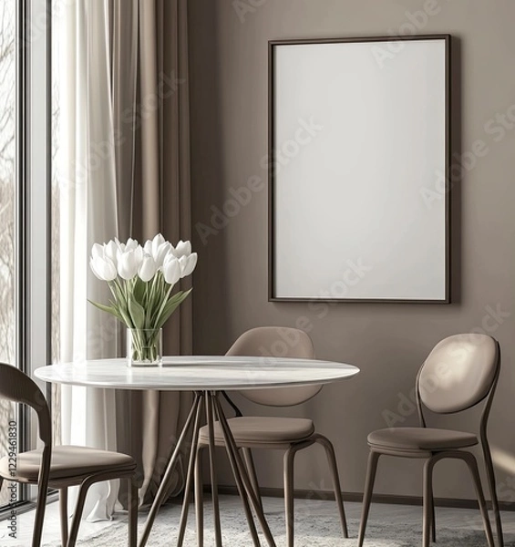 Fototapeta An empty frame mockup on the wall of a modern dining room with a round table and chairs, white tulips in a vase, a window with curtains, 