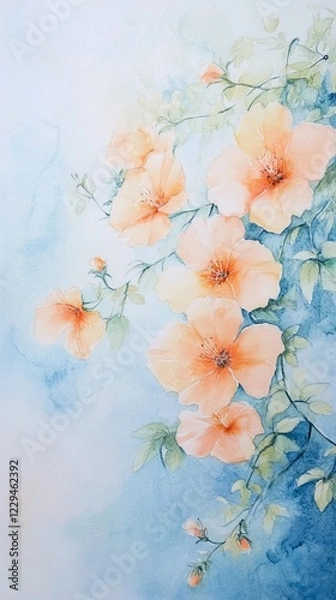 Fototapeta Beautiful watercolor artwork featuring orange flowers and green leaves on a soft blue background, perfect for decor and design.