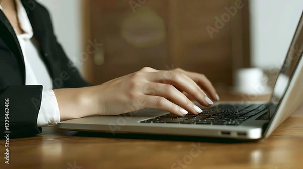 Obraz A woman is typing on a laptop in a business setting