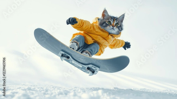 Fototapeta playful cat in yellow jacket snowboards on snowy slope, showcasing its adventurous spirit and agility