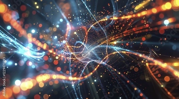 Fototapeta Futuristic abstract concept of a neon glowing data stream network with particles, ai generated, AI generated