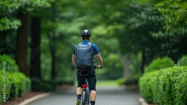Fototapeta A cyclist rides down a serene pathway surrounded by lush greenery, embracing the tranquility of nature during a leisurely ride.