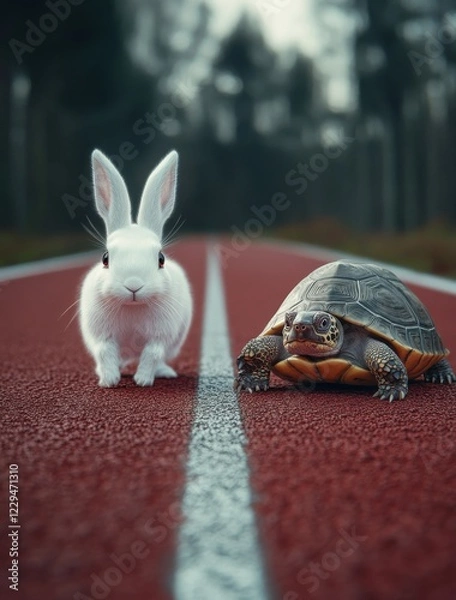 Fototapeta A Playful Rabbit and a Tortoise on a Running Track Surrounded by Trees in a Beautiful Natural Setting During Daylight