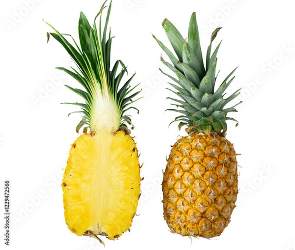 Fototapeta A close up of a whole pineapple and a cut pineapple. The cut pineapple is showing the inside of the fruit