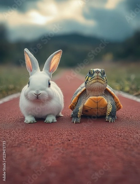 Fototapeta Adorable Rabbit and Colorful Turtle Sitting Side by Side on a Road with Natural Landscape Background Under a Dramatic Sky