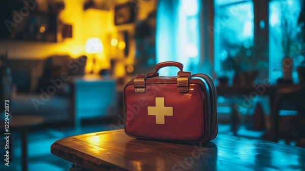 Fototapeta First Aid Kit on Table: A red first-aid kit, featuring a prominent white cross, rests on a wooden table in a softly lit home setting. The image evokes feelings of preparedness and care. 
