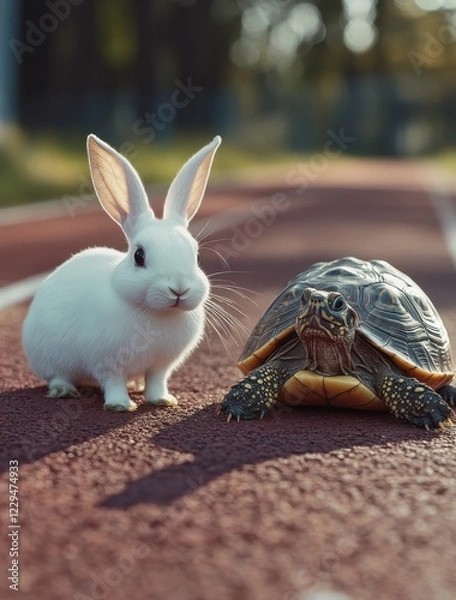 Fototapeta Adorable White Rabbit and a Tortoise on a Track at Golden Hour, Captivating Nature Scene Showcasing Different Animals and Their Unique Traits