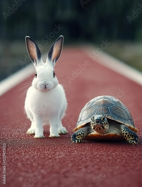 Fototapeta Adorable white rabbit and charming turtle standing side by side on a vibrant running track, showcasing the beauty of friendship in nature.