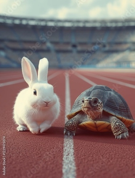 Fototapeta Adorable White Rabbit and Charming Turtle on Running Track in Athletic Stadium Under Blue Sky, Symbolizing Speed and Slow but Steady Progress in Life