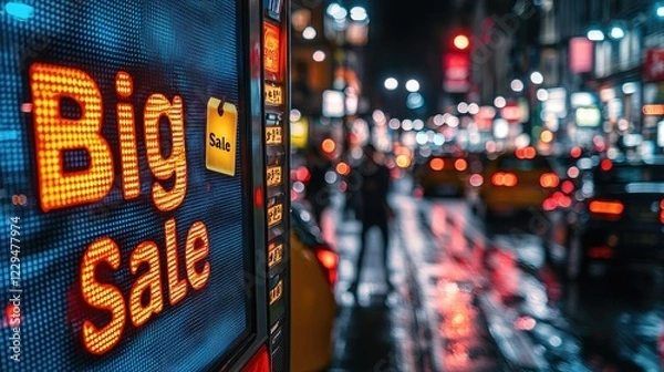 Fototapeta Vibrant city street at night featuring a large illuminated sale sign, with blurred traffic and pedestrians creating a lively urban atmosphere