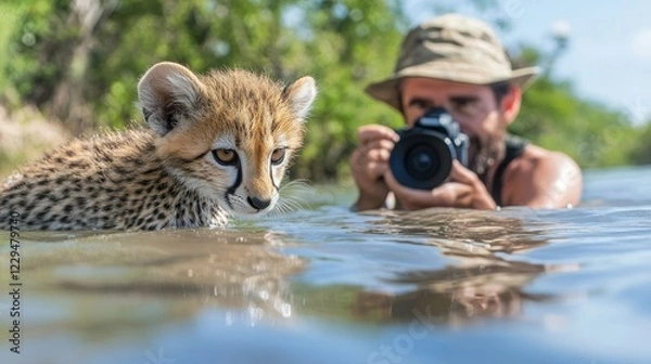 Obraz Photographer captures a moment with a playful cheetah cub in a serene water setting