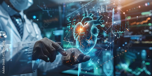 Fototapeta A doctor interacts with a futuristic 3D hologram of a human heart in a high-tech laboratory.

