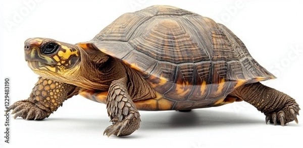 Fototapeta Close-up of a Beautifully Patterned Tortoise with Vibrant Shell Colors Crawling on a Clean White Background in Studio Lighting