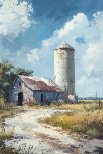 Fototapeta Rustic farmhouse with silo in serene rural landscape under blue sky