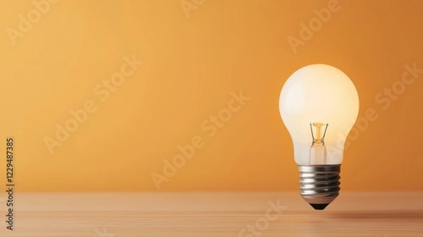 Fototapeta Glowing light bulb on a wooden surface with a warm orange background, representing innovation and bright ideas.