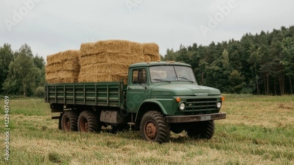 Fototapeta Green truck loaded with hay bales parked in a field, surrounded by trees, under a cloudy sky, symbolizing rural transportation.