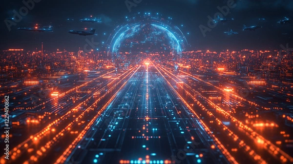 Fototapeta Futuristic Digital City with Aircraft and Data Globe