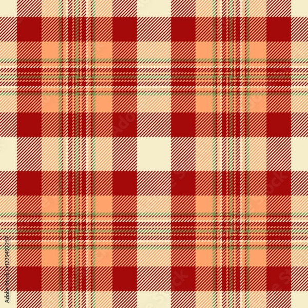 Fototapeta Vibrant autumnal plaid pattern in warm red, peach, and cream tones. Perfect for textile designs, fallthemed projects, or creating a cozy and rustic aesthetic.