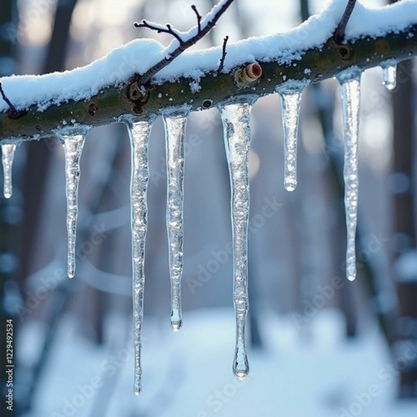 Fototapeta Close-up view of icicles hanging from a snow-covered tree branch in winter.