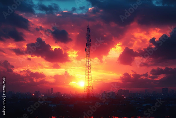 Fototapeta A tall vintage radio tower transmitting signals against a clear sky, showcasing technology, communication, and connectivity