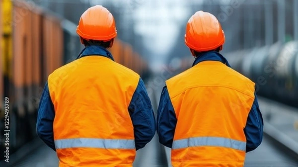 Fototapeta Two workers in orange vests and helmets stand on a railway track, symbolizing teamwork and safety in industrial environments.