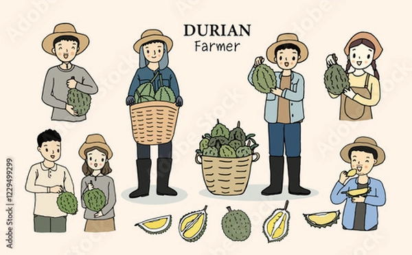 Fototapeta Durian farmer character set, hand drawn style vector illustration