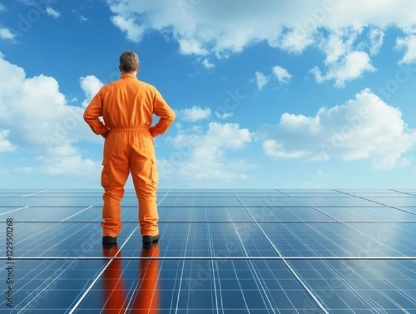 Obraz Worker observing solar panel installation.