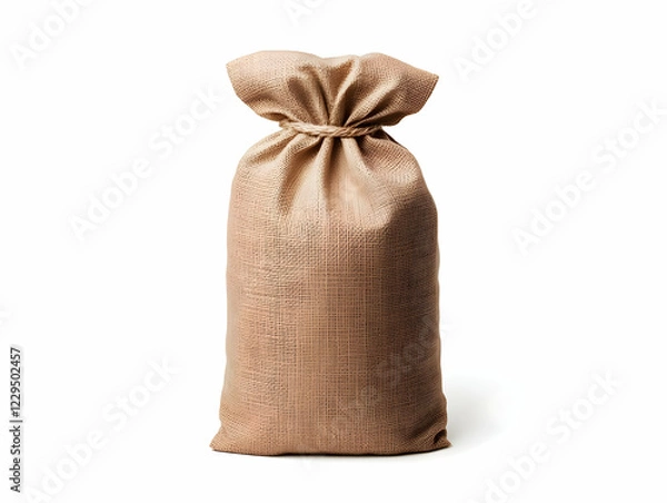 Fototapeta Burlap Sack Stands Upright with Tied Top Securely on White Background.