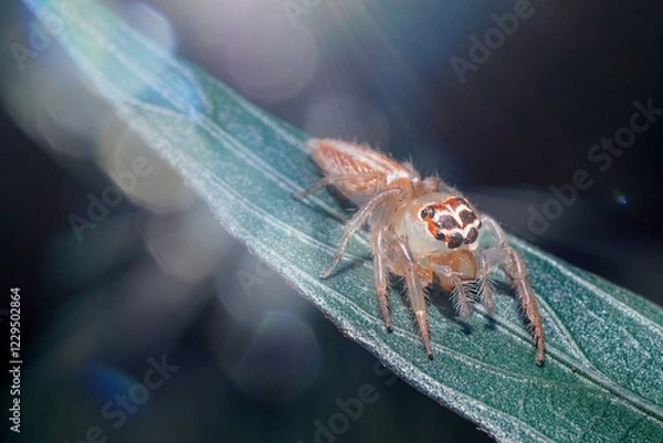 Fototapeta The unique spider with an elegant pattern on its head, resembling a tribe from the depths of the Amazon rainforest, rests on a leaf as sunlight filters through the forest., spider on a leaf