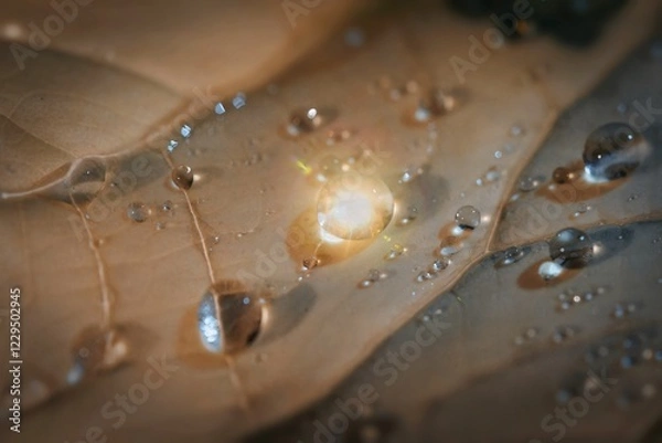 Fototapeta The dried leaves of the cherry blossom tree, with dewdrops on them, glisten in the morning sunlight., water drops on a glass