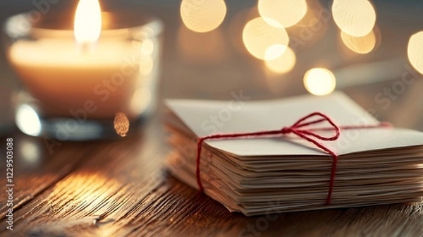 Fototapeta valentine days with Property concept. Warm Candlelight with Stack of Unopened Letters