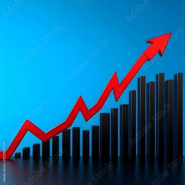 Fototapeta 3D Bar Graph Shows Upward Trend with a Red Arrow Dramatically Ascending on a Blue Background